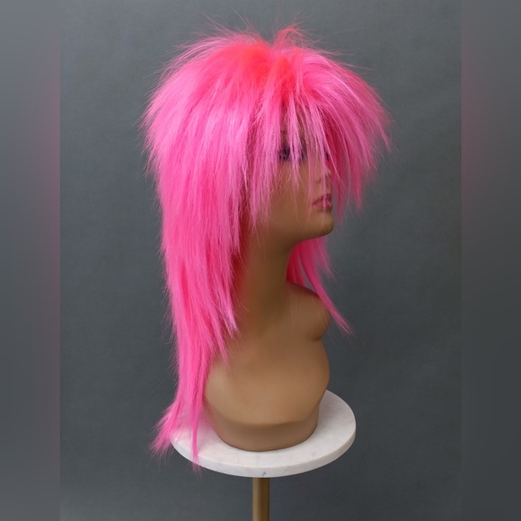 Hot Pink Long Spiky 80s Punk Mullet Rockstar Costume Wig
